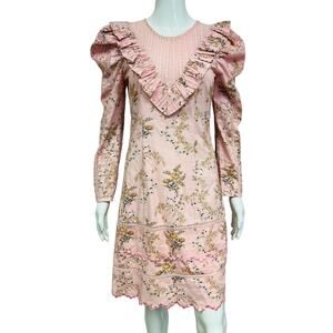 LOVESHACKFANCY Pink Cotton Floral Print Lace Cedella Mini Dress 6